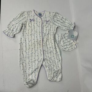 Newborn Girl Little Me 2pc Purple Flower Footed Outfit With Hat Ruffle Sleeve